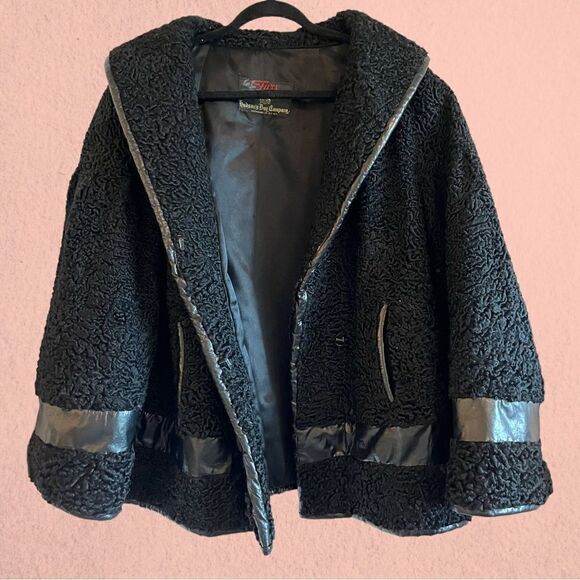 Vintage 1960s Hudson Bay black Persian lamb wool coat leather accents - Picture 7 of 16